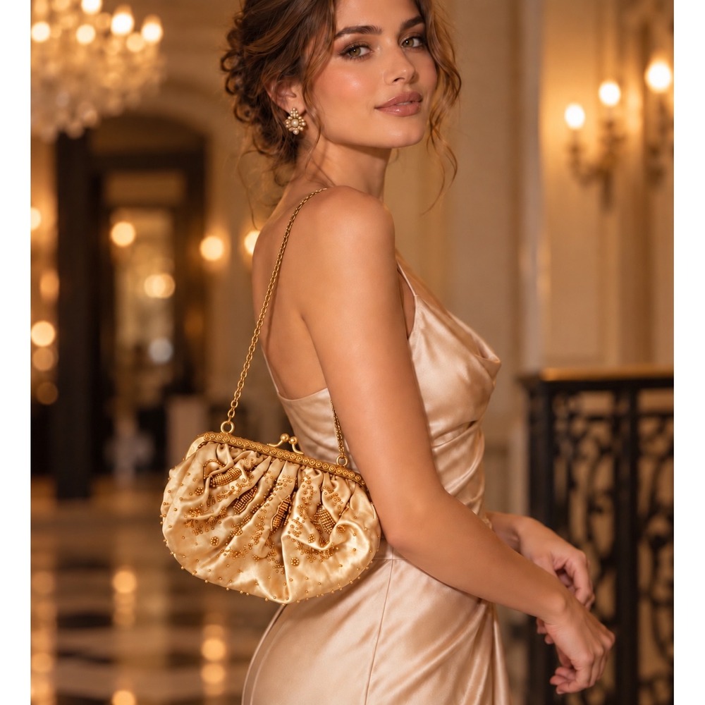 La Regale Vintage Gold Beaded Satin Evening Bag Clutch Crossbody Wedding Formal